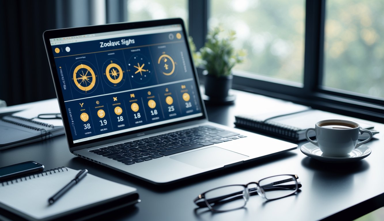 Meja kerja modern dengan laptop yang menampilkan grafik dan data terkait tanda zodiak dan angka, dikelilingi oleh buku catatan dan cangkir kopi di ruangan yang terang.