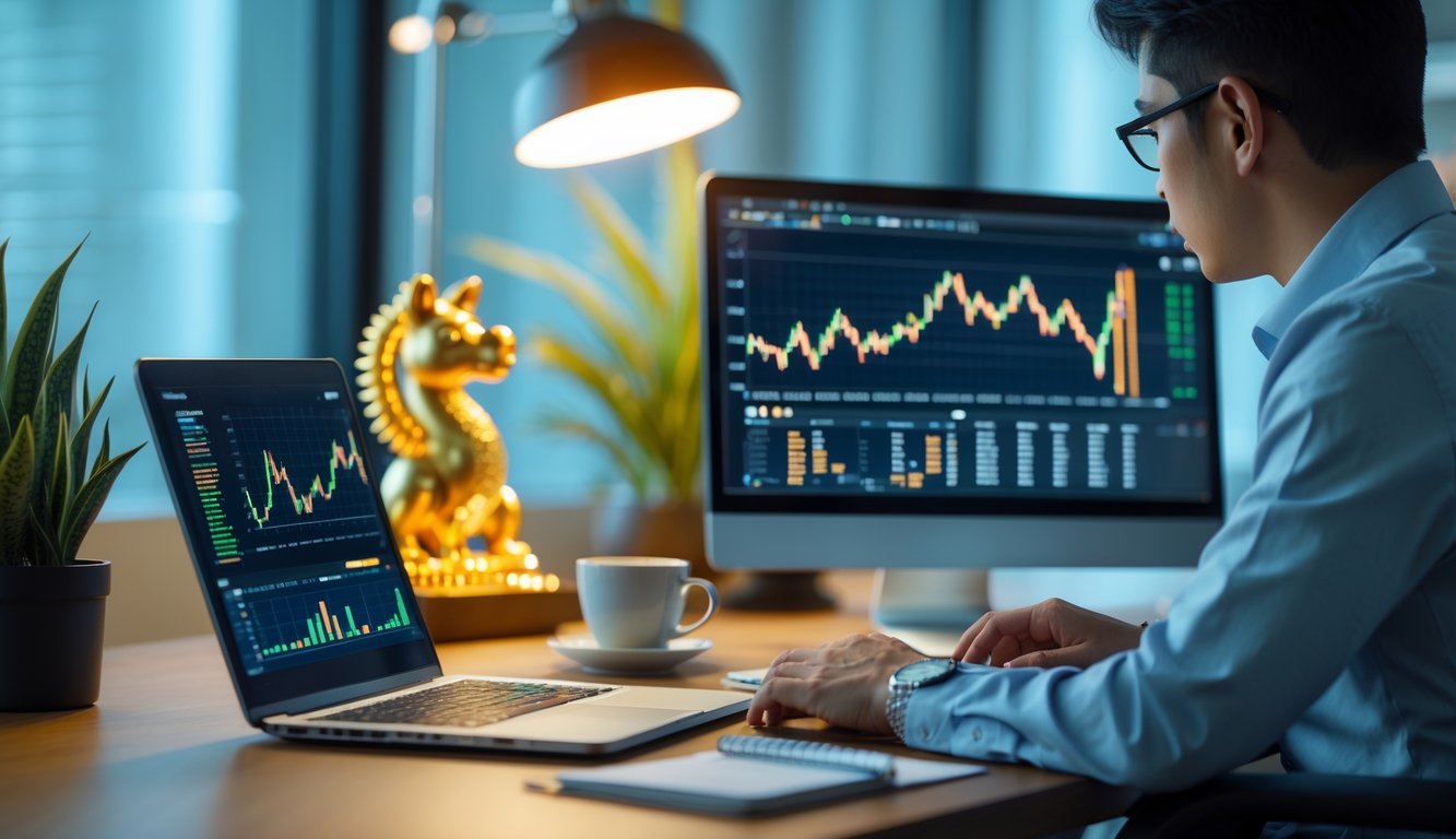 Seseorang sedang menganalisis data di depan komputer dengan dekorasi kecil berbentuk hewan shio di meja kerja.