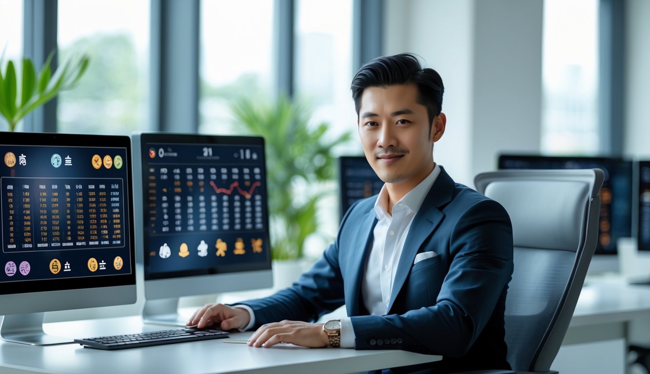 Seorang pria Asia duduk di depan komputer di kantor modern dengan layar menampilkan grafik dan ikon hewan shio.