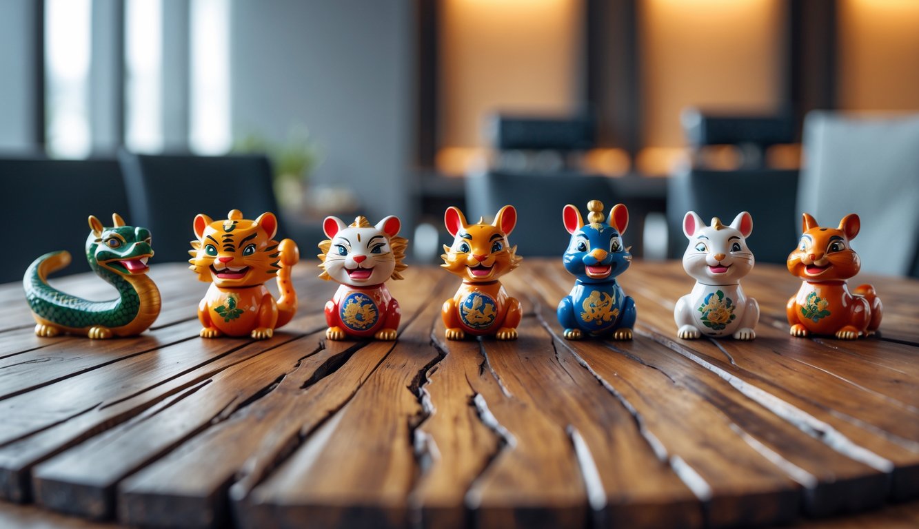 Meja kayu dengan patung-patung hewan shio yang rapi dan berwarna-warni, di latar belakang kantor modern yang samar.