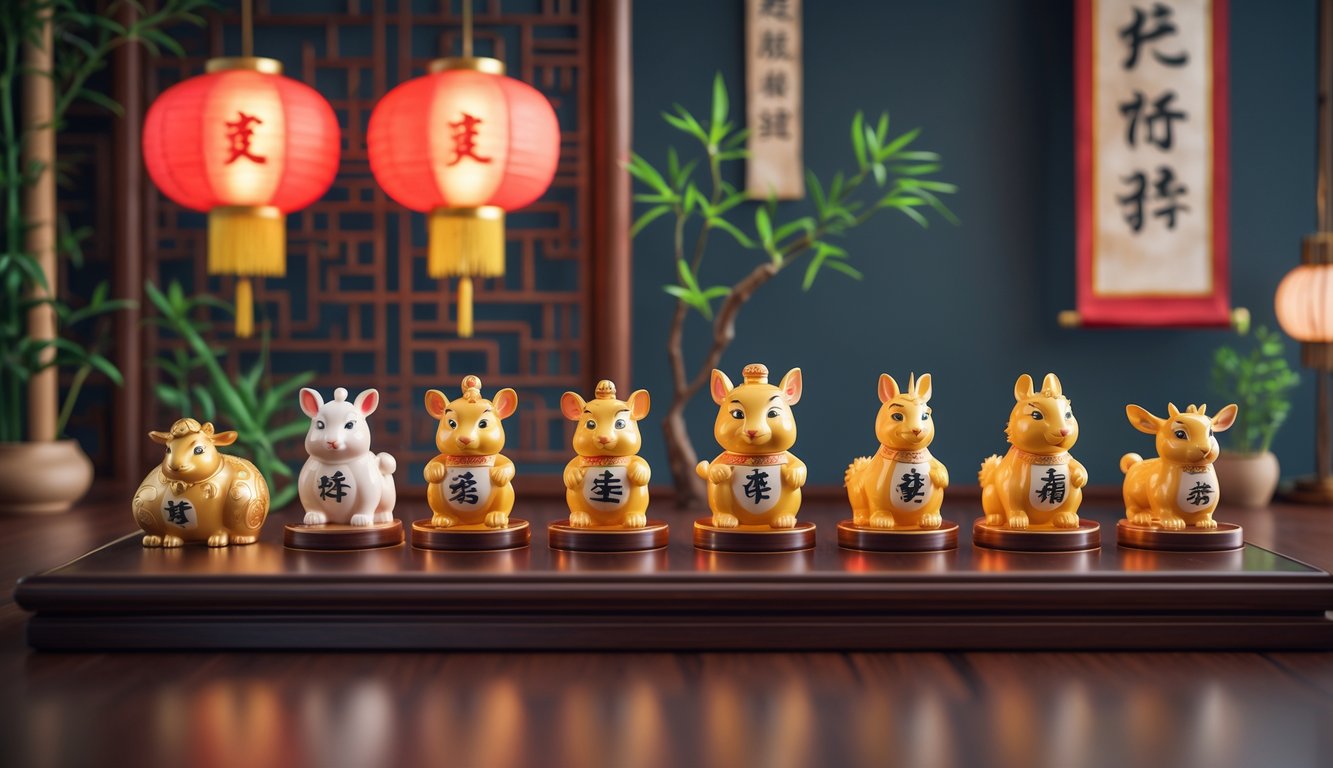 Meja kayu dengan patung-patung hewan shio yang rapi dan latar belakang dengan lentera merah dan tanaman bambu.