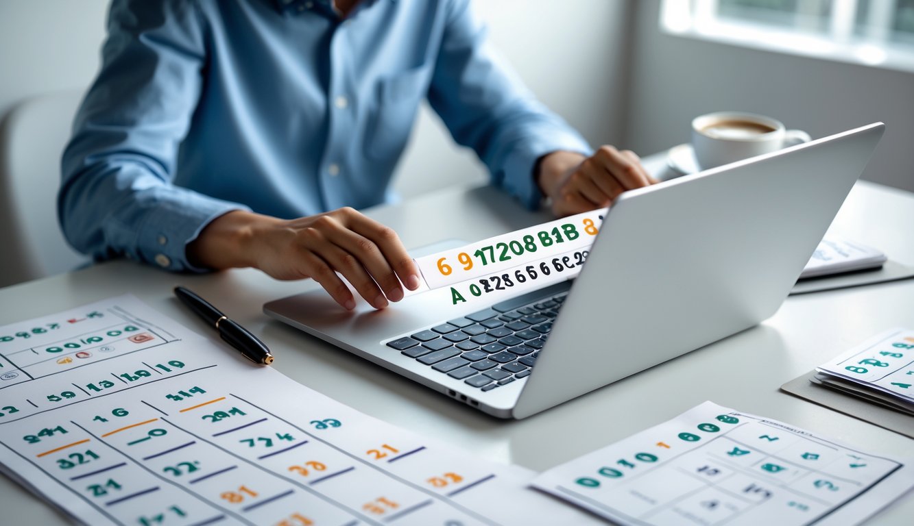 Seseorang sedang menganalisis angka dan simbol shio di depan laptop di meja kerja yang rapi.