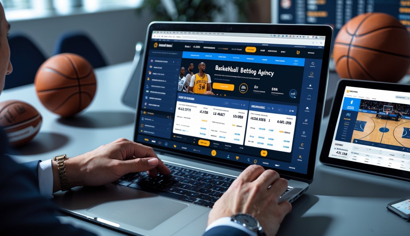 Seseorang menggunakan laptop di meja kerja dengan elemen bola basket dan skor pertandingan di latar belakang.