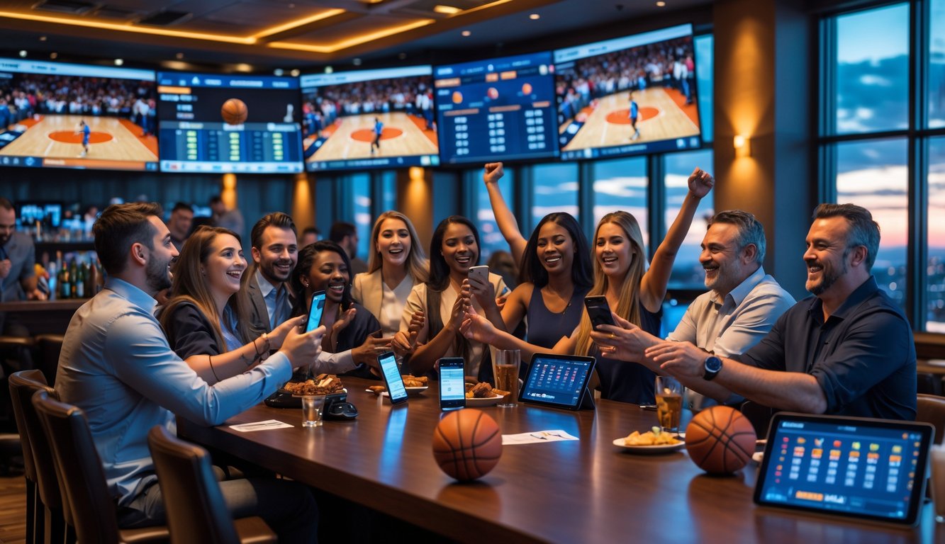 Sekelompok orang menonton pertandingan bola basket di bar dengan layar besar, beberapa menggunakan perangkat untuk memasang taruhan olahraga.