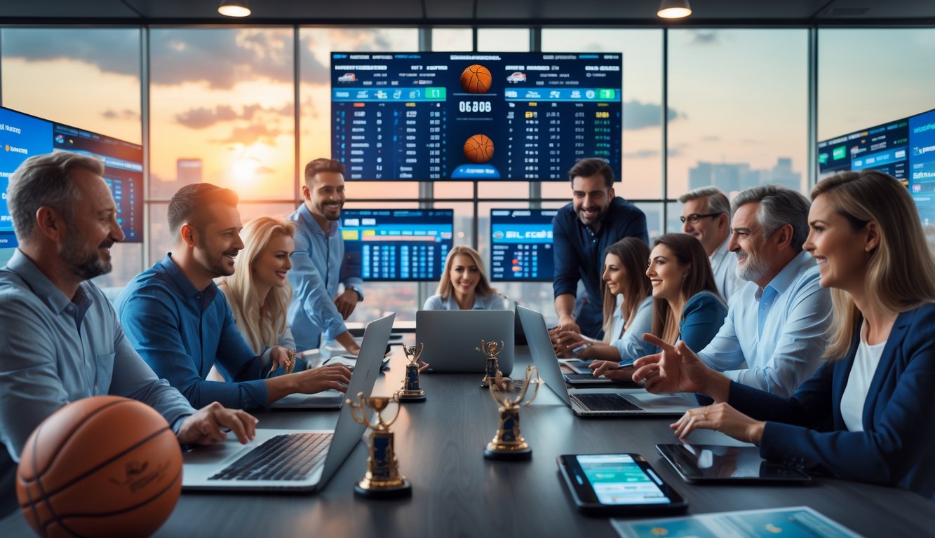 Suasana kantor agen taruhan basket dengan beberapa orang yang sedang melihat layar besar menampilkan pertandingan bola basket dan data taruhan.