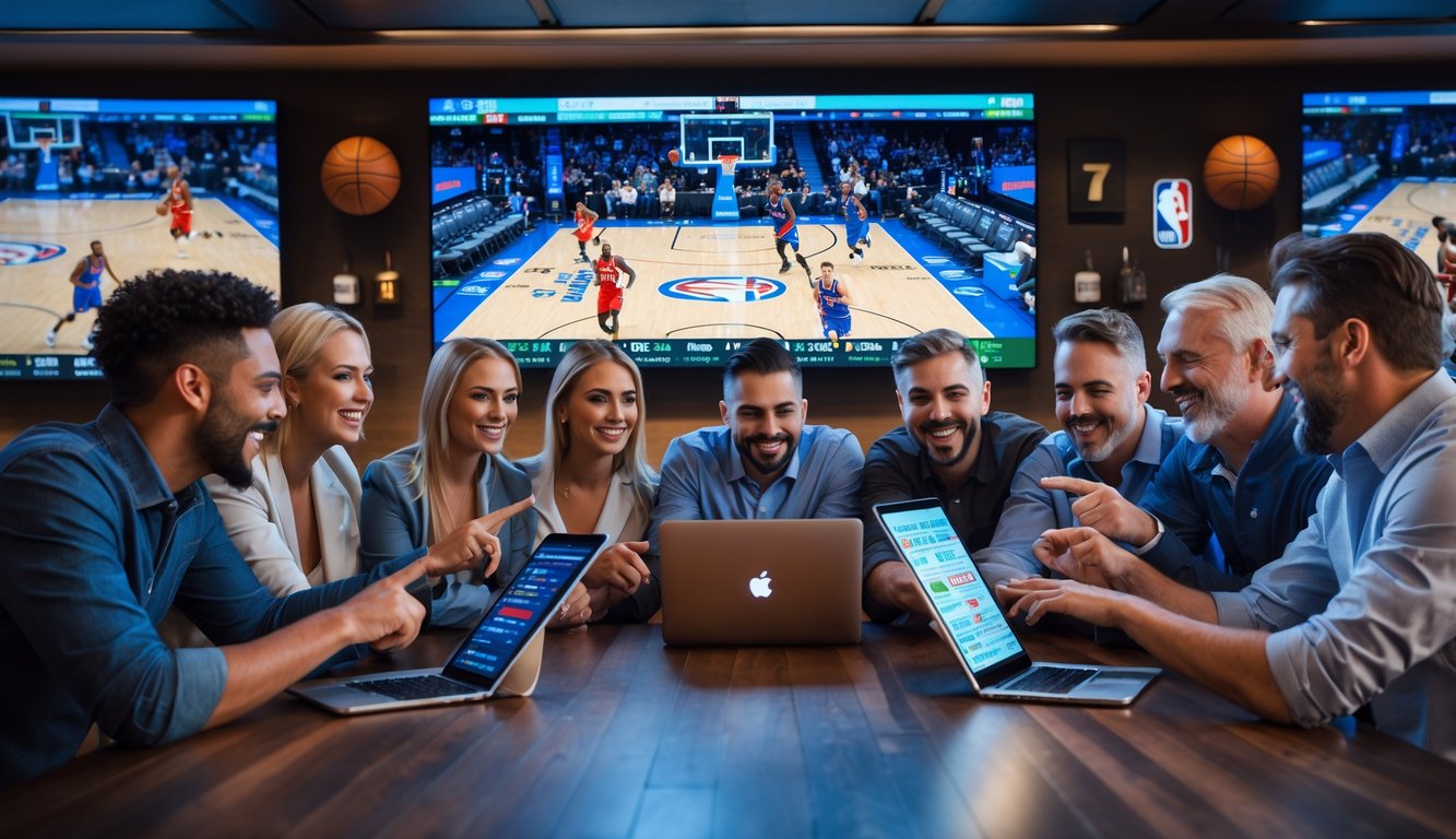 Sekelompok orang di bar olahraga menonton pertandingan NBA dan menggunakan perangkat elektronik untuk taruhan basket.