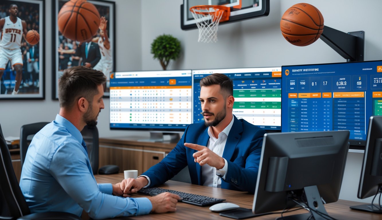 Seorang agen taruhan basket sedang berdiskusi dengan klien di kantor modern dengan layar komputer yang menampilkan statistik dan skor pertandingan basket.