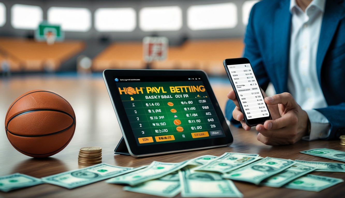 Seseorang memegang smartphone di dekat tablet yang menampilkan angka taruhan bola basket dengan latar belakang lapangan basket yang samar.