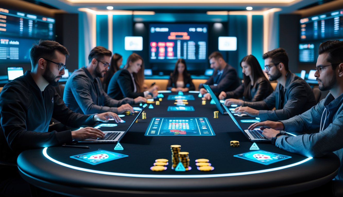 Meja poker modern dengan pemain yang fokus menggunakan perangkat digital di ruangan berteknologi tinggi.