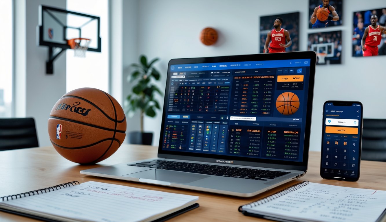 Meja kerja dengan laptop menampilkan statistik bola basket, bola basket, ponsel dengan aplikasi taruhan, dan buku catatan di ruang kantor yang terang.
