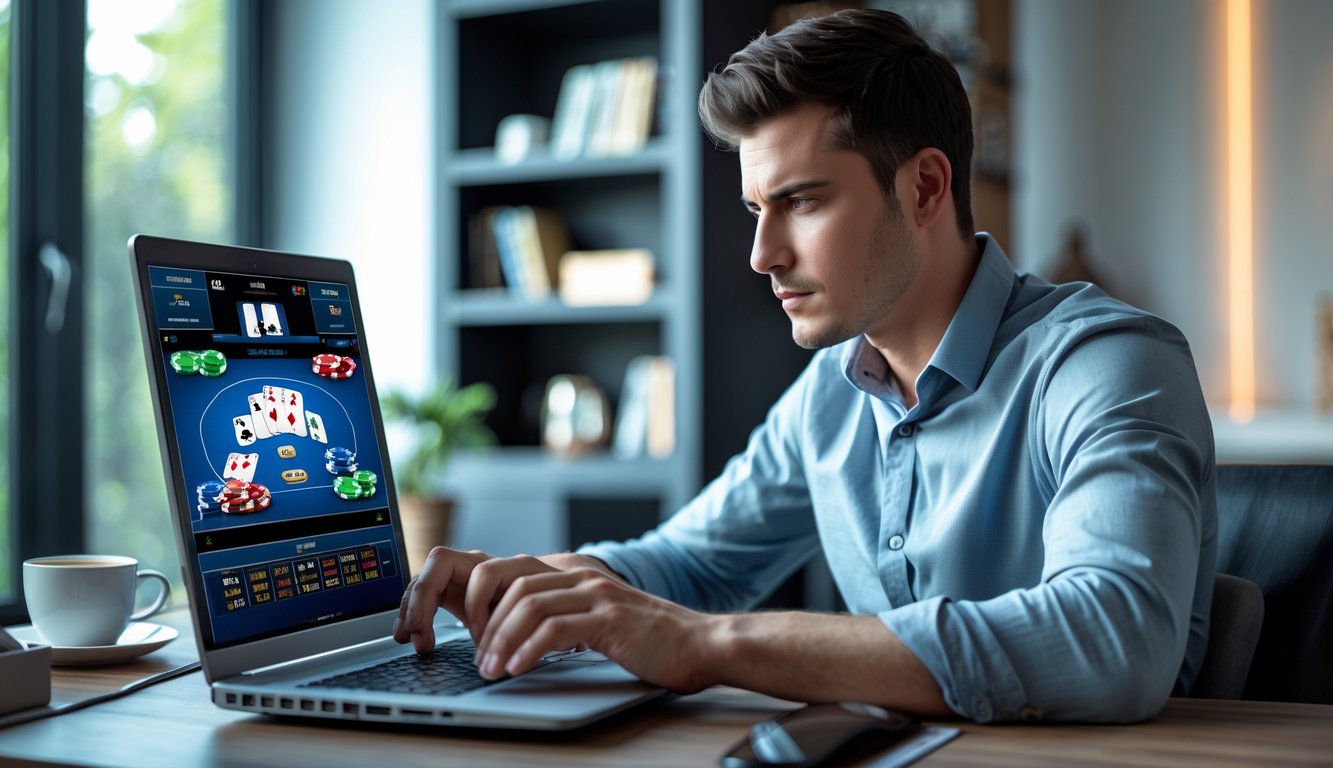 Seorang pria muda fokus bermain poker online di depan laptop di ruang kerja dengan pencahayaan alami.