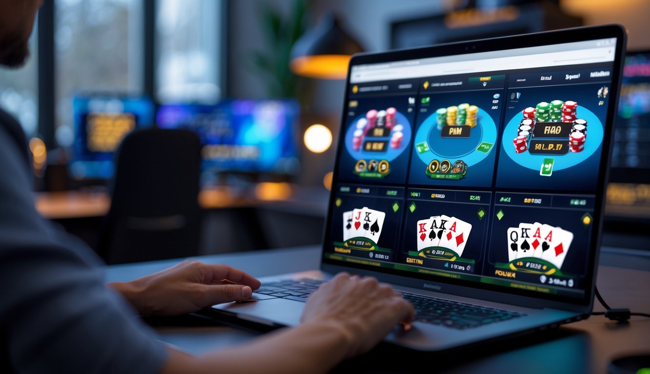Layar komputer menampilkan permainan poker online dengan beberapa meja dan aksi kartu secara real-time di ruangan gaming yang nyaman.