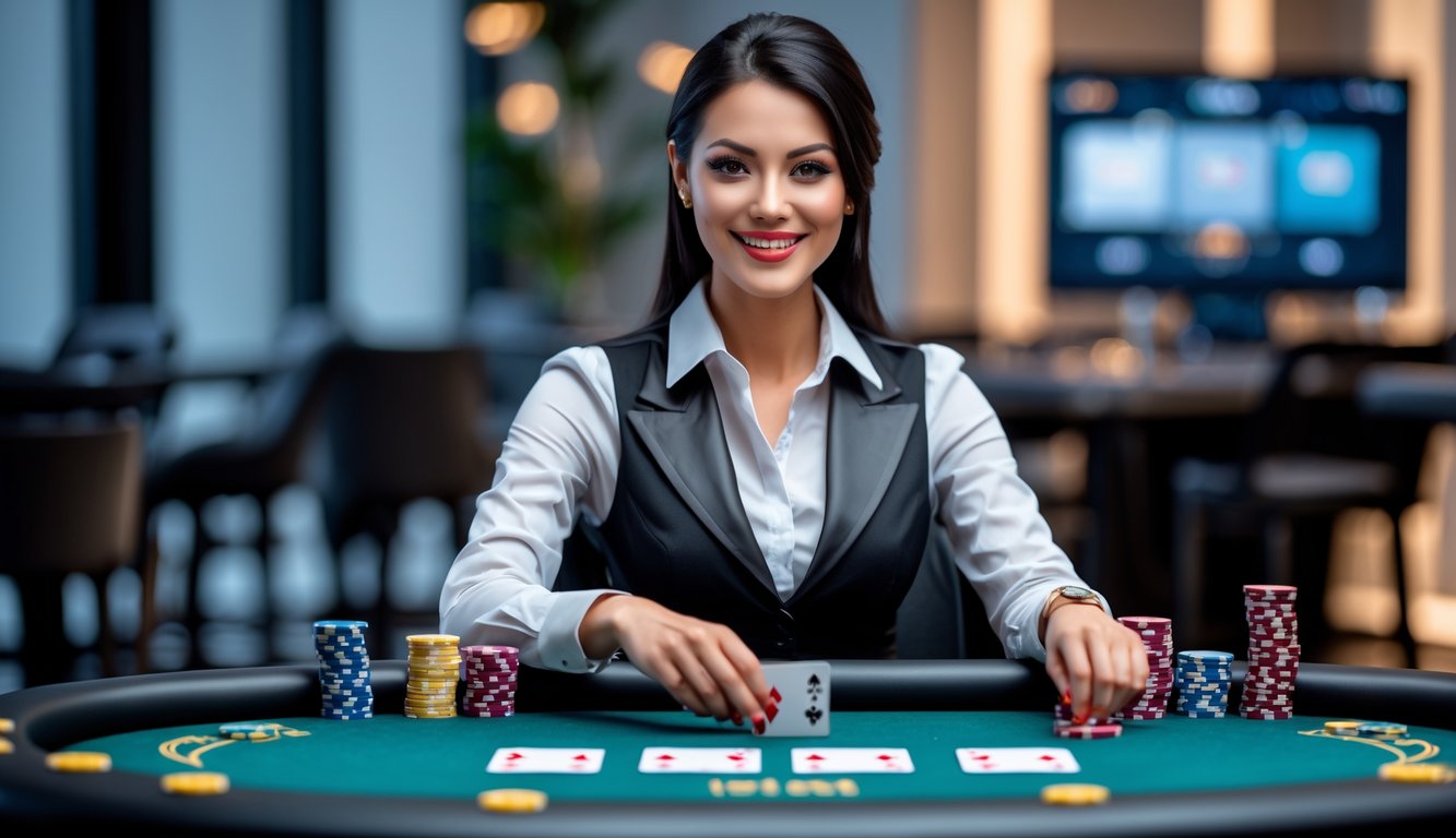 Seorang dealer profesional tersenyum duduk di meja poker dengan kartu dan chip, di studio yang terang dan modern.