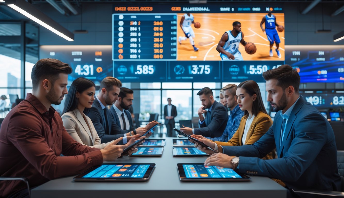 Orang-orang muda sedang menggunakan perangkat digital di kantor taruhan bola basket modern dengan layar besar menampilkan statistik pertandingan.
