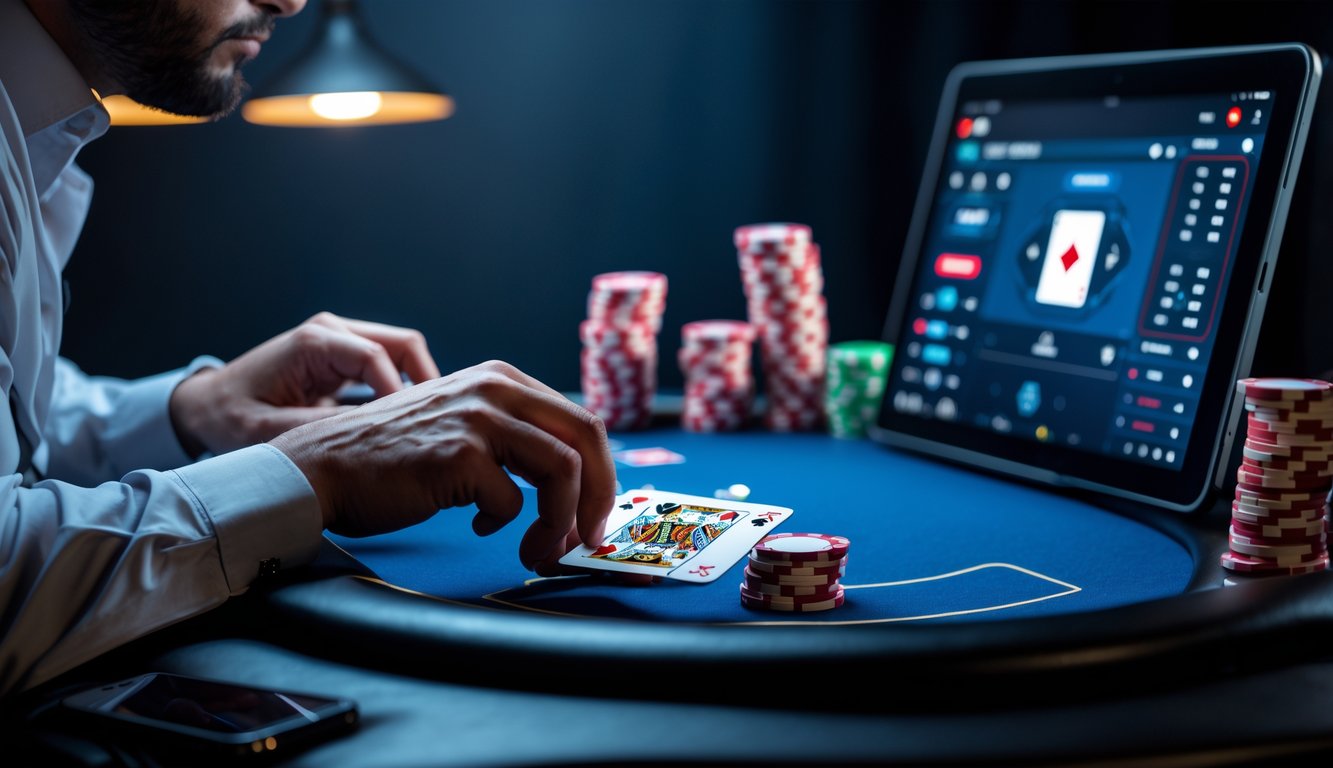 Seorang pemain poker fokus memegang kartu di depan layar perangkat digital dengan tumpukan chip poker di meja.