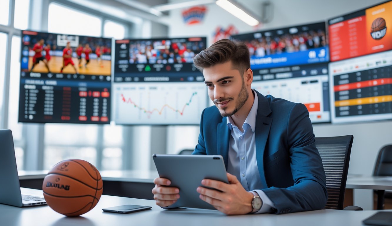 Seorang pria muda sedang menganalisis statistik bola basket di tablet di kantor taruhan olahraga yang modern.
