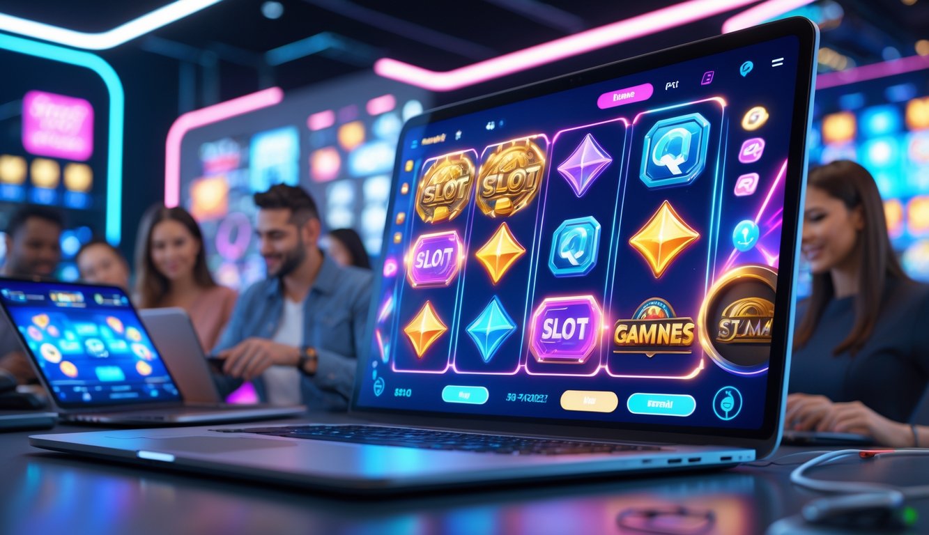 Orang-orang menggunakan perangkat digital untuk bermain game slot online dengan antarmuka warna-warni dan latar belakang teknologi modern.