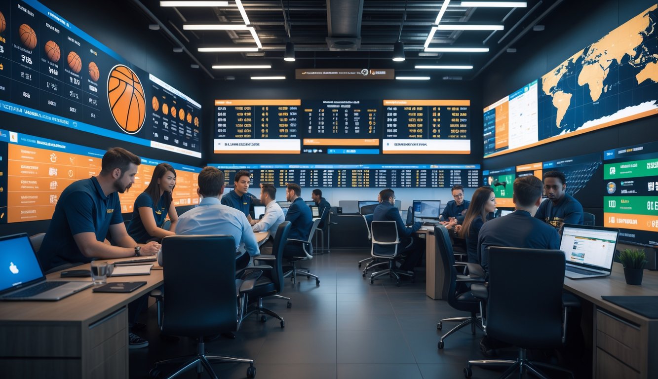 Orang-orang di kantor modern yang memantau statistik dan skor pertandingan bola basket internasional dengan layar digital besar.