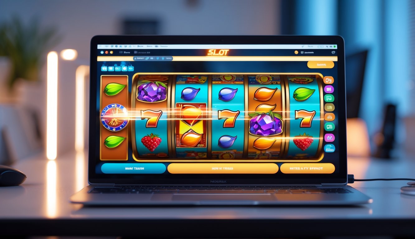 Layar komputer menampilkan permainan slot online dengan gulungan berputar cepat dan tema populer di meja kerja modern.