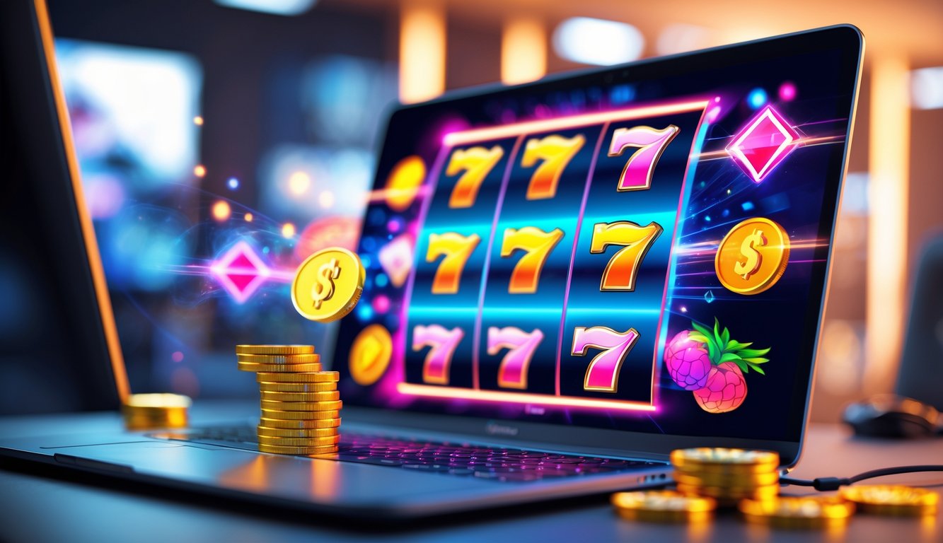 Layar komputer menampilkan permainan mesin slot online dengan simbol warna-warni dalam ruangan gaming yang nyaman.