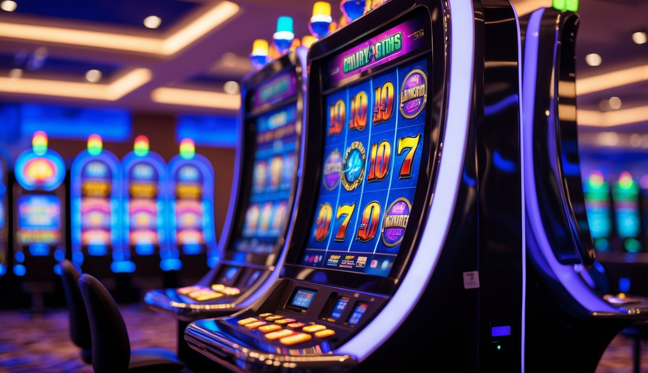 Mesin slot online modern dengan lampu LED warna-warni dan layar digital di lingkungan kasino yang rapi dan kontemporer.