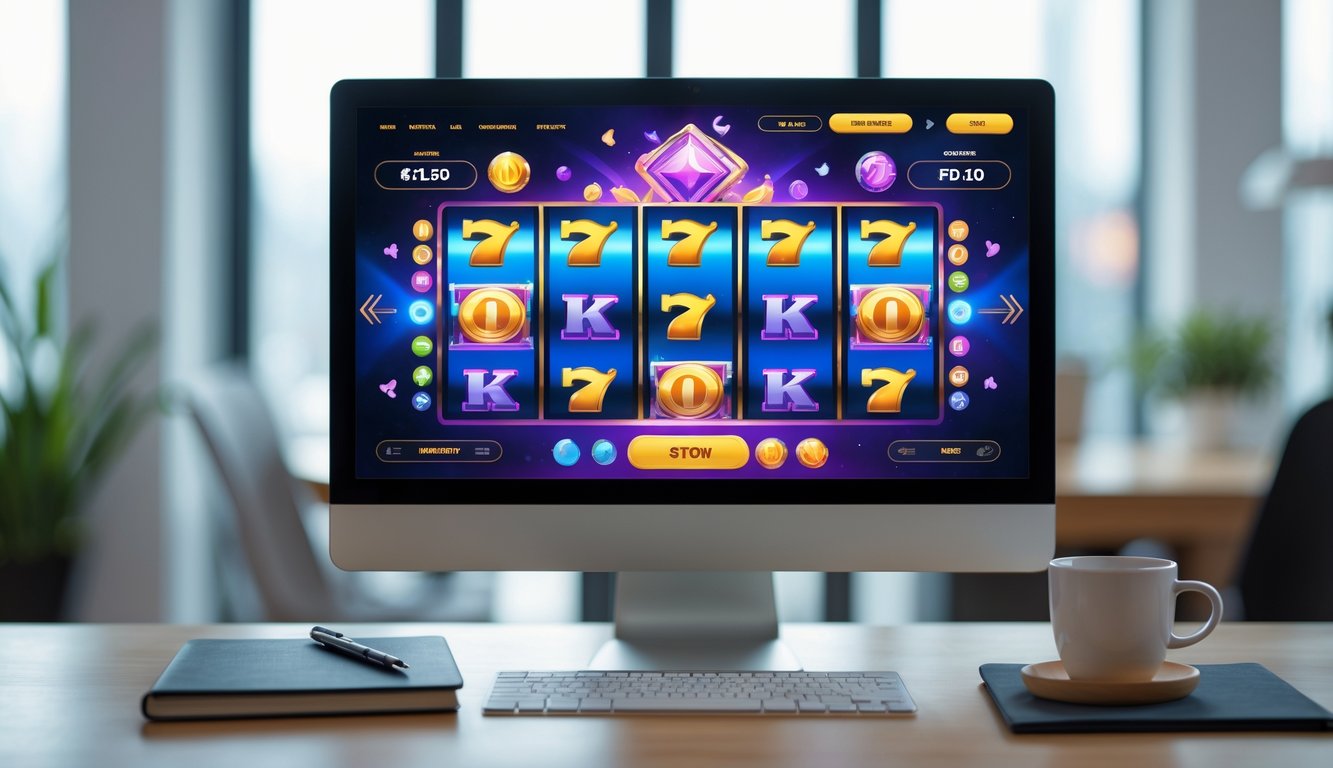 Layar komputer menampilkan permainan slot online dengan grafis warna-warni di sebuah ruang kerja modern.