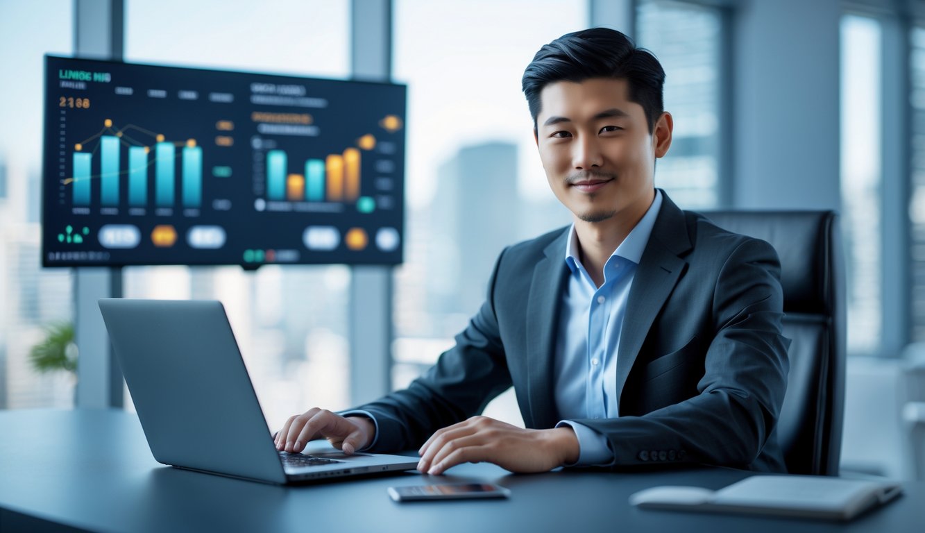 Seorang pebisnis Asia yang percaya diri duduk di kantor modern dengan laptop terbuka dan latar belakang pemandangan kota.