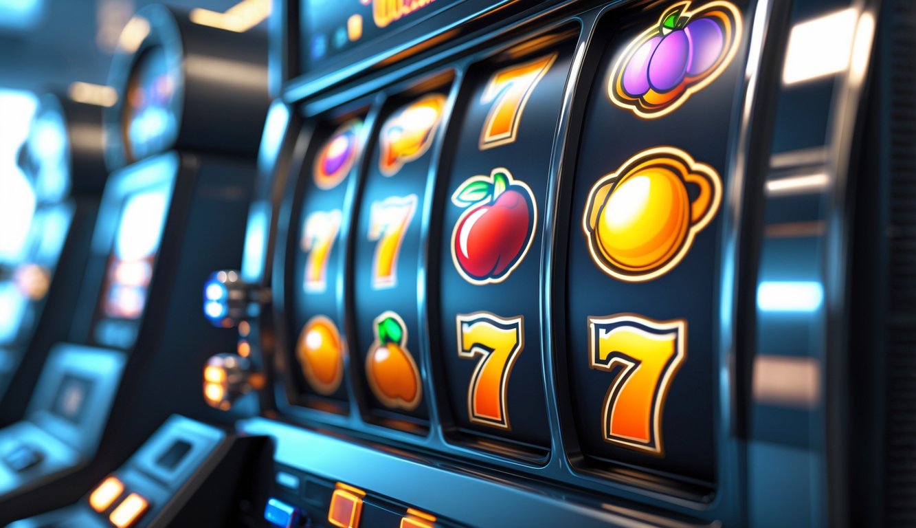 Close-up mesin slot online dengan gulungan berputar yang menunjukkan simbol warna-warni dalam suasana modern dan profesional.