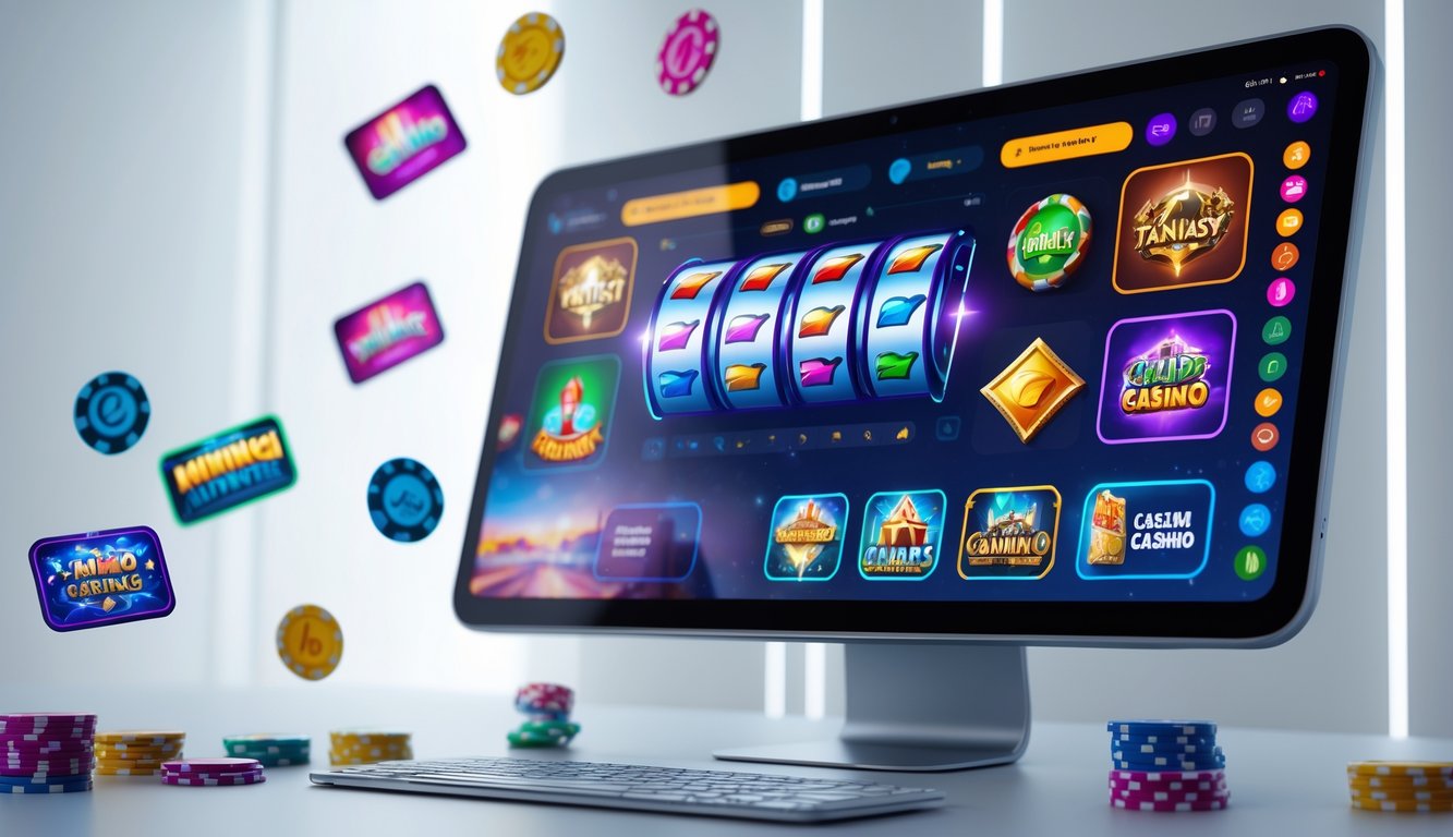 Layar perangkat menampilkan permainan slot online dengan berbagai tema warna-warni dan gameplay yang halus.