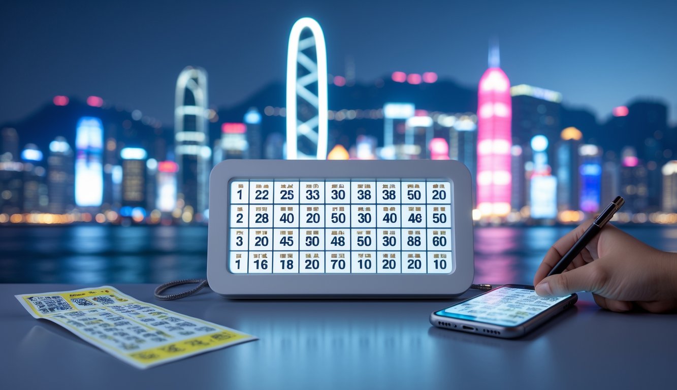 Suasana modern dengan papan angka lotere digital dan tangan memegang tiket di latar belakang kota Hong Kong.