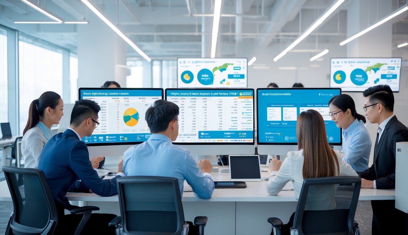 Sekelompok orang di kantor modern sedang menganalisis data lotere Hongkong dengan layar komputer besar.