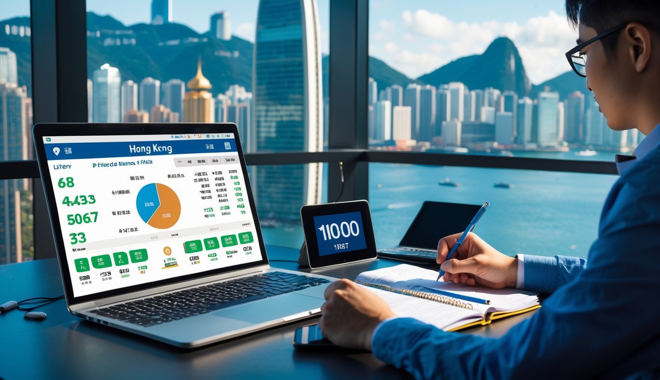 Sebuah meja kerja modern dengan laptop menampilkan grafik dan angka, seseorang sedang menganalisis data dengan pena dan buku catatan, latar belakang pemandangan kota Hong Kong dari jendela besar.