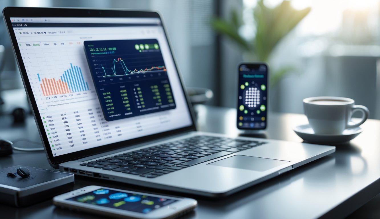 Meja kerja modern dengan laptop menampilkan grafik dan angka, serta ponsel dengan aplikasi prediksi nomor togel Hongkong.