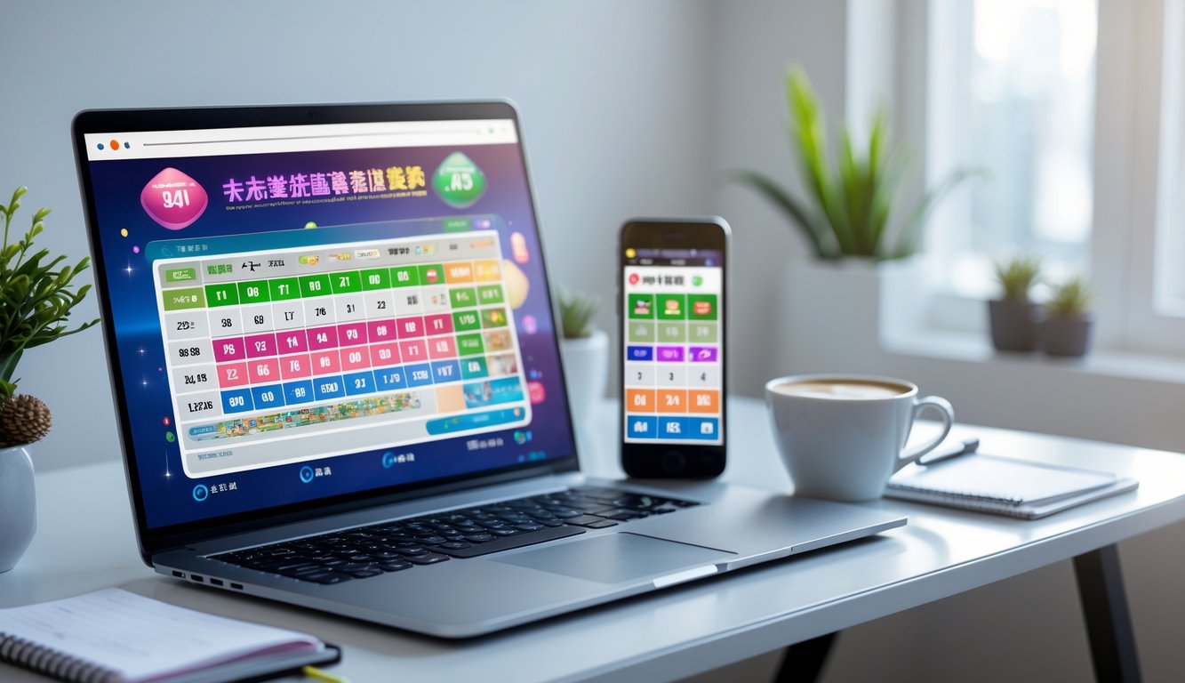 Sebuah meja kerja modern dengan laptop dan ponsel yang menampilkan aplikasi lotere, di samping cangkir kopi dan tanaman kecil.