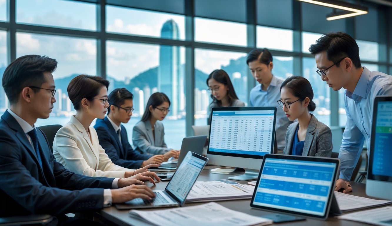 Orang-orang bekerja di kantor modern dengan komputer dan grafik, latar belakang kota Hong Kong terlihat melalui jendela besar.