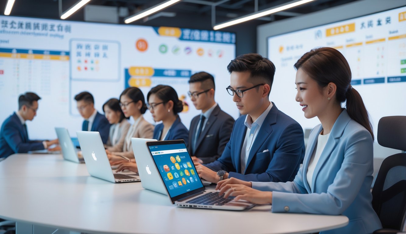 Orang-orang bekerja dengan perangkat digital di kantor modern yang terang dan rapi, fokus pada aktivitas terkait lotere atau permainan daring.