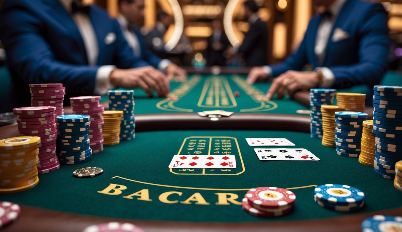 Meja permainan baccarat yang rapi dengan kartu dan tumpukan chip poker di kasino yang mewah.