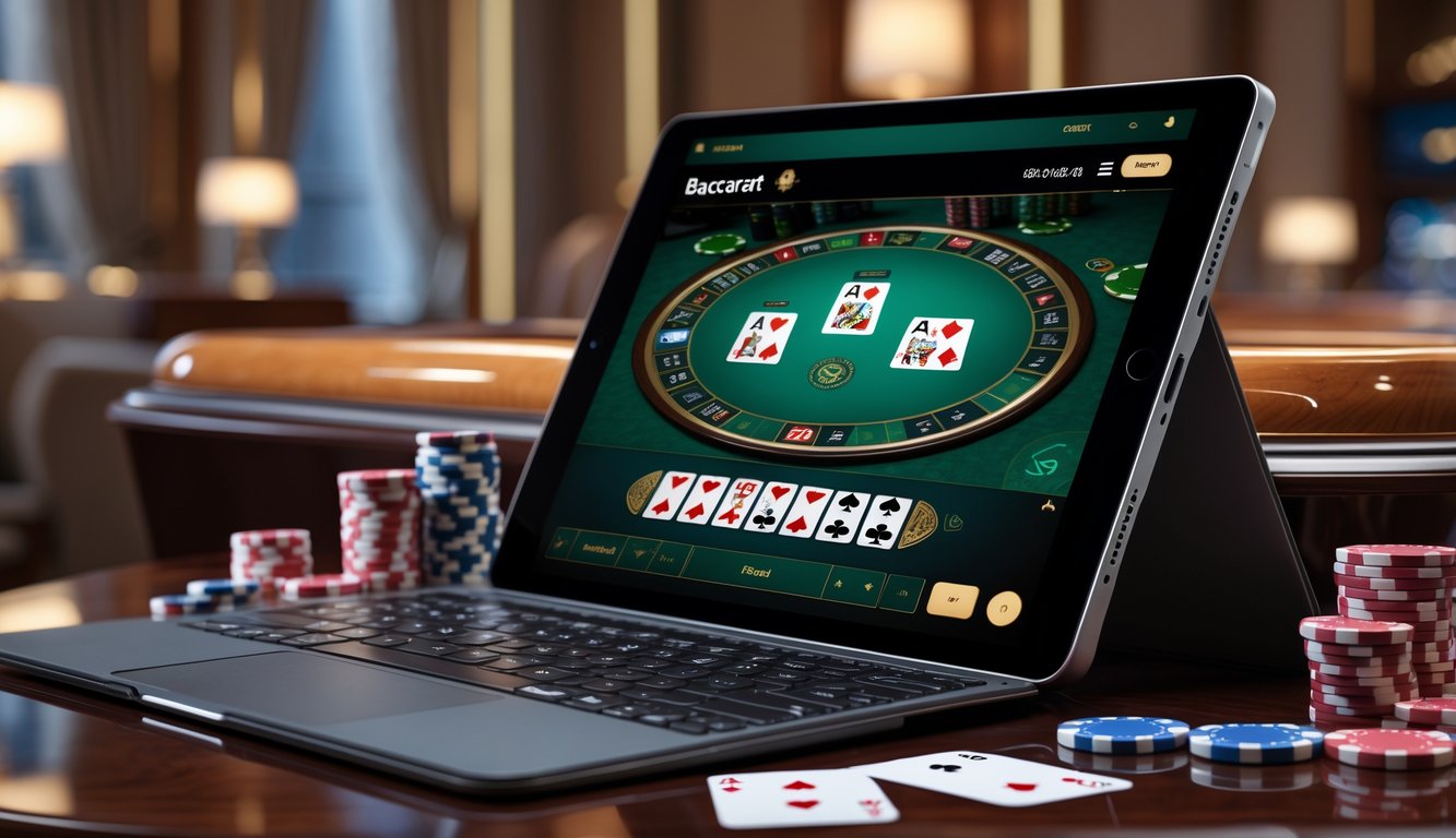 Sebuah perangkat dengan tampilan permainan baccarat online dikelilingi oleh chip kasino dan kartu remi di atas permukaan kayu.