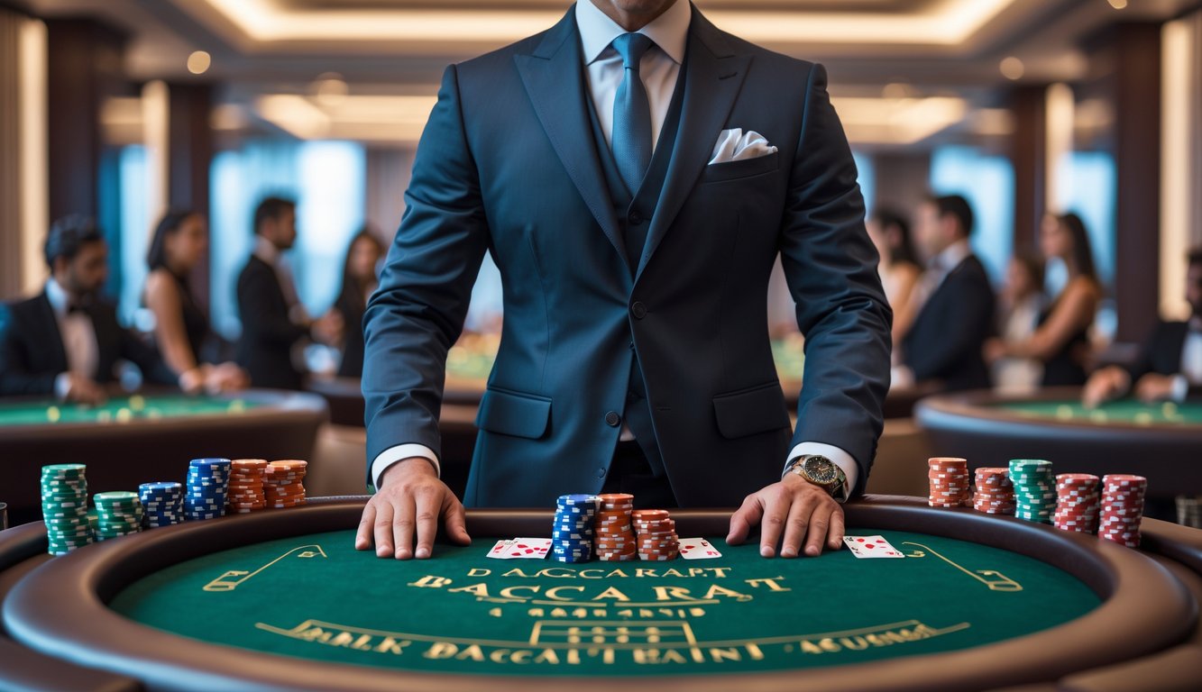 Seorang dealer berjubah rapi berdiri di meja baccarat dengan kartu dan chip kasino, dikelilingi oleh pemain di kasino mewah.
