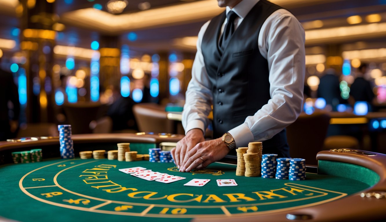 Meja permainan baccarat dengan dealer yang sedang membagikan kartu di kasino mewah.