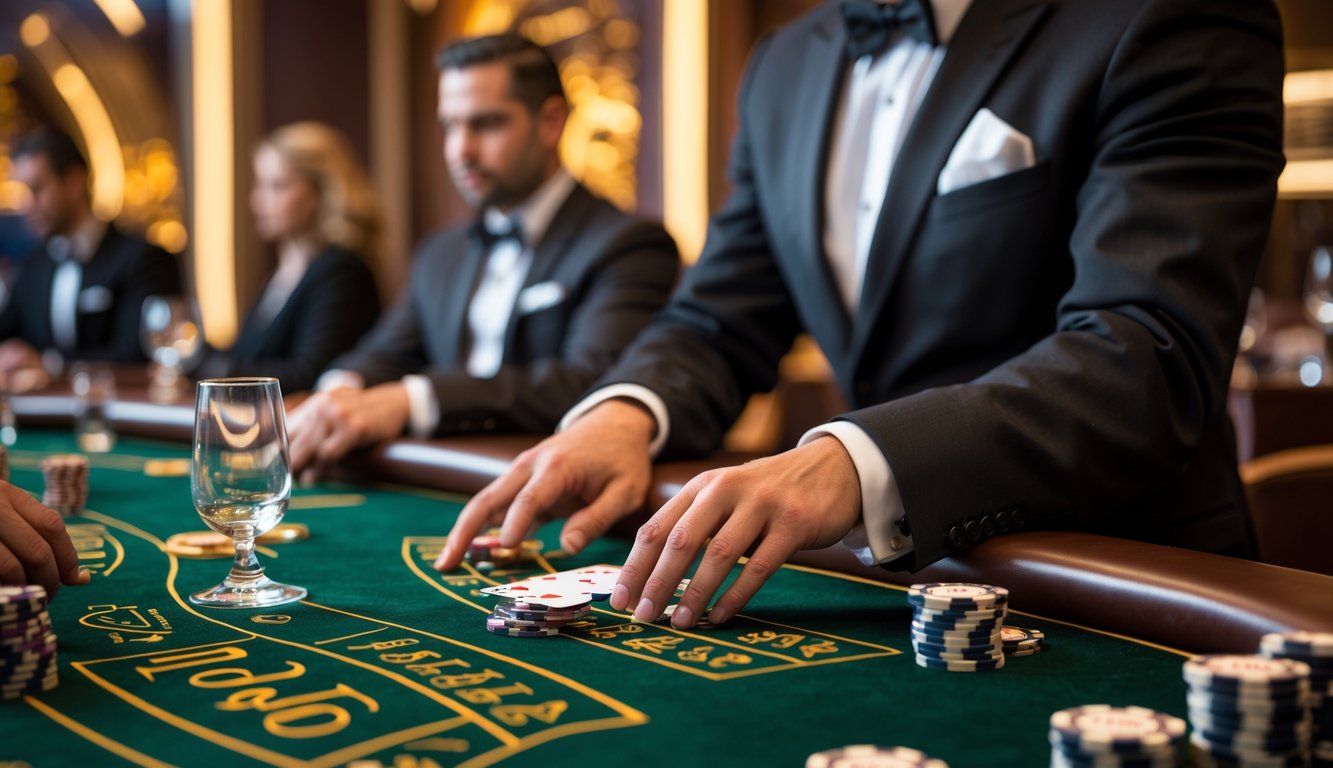 Seorang dealer berjubah rapi sedang membagikan kartu baccarat di meja hijau di dalam kasino mewah dengan suasana yang elegan dan pencahayaan hangat.