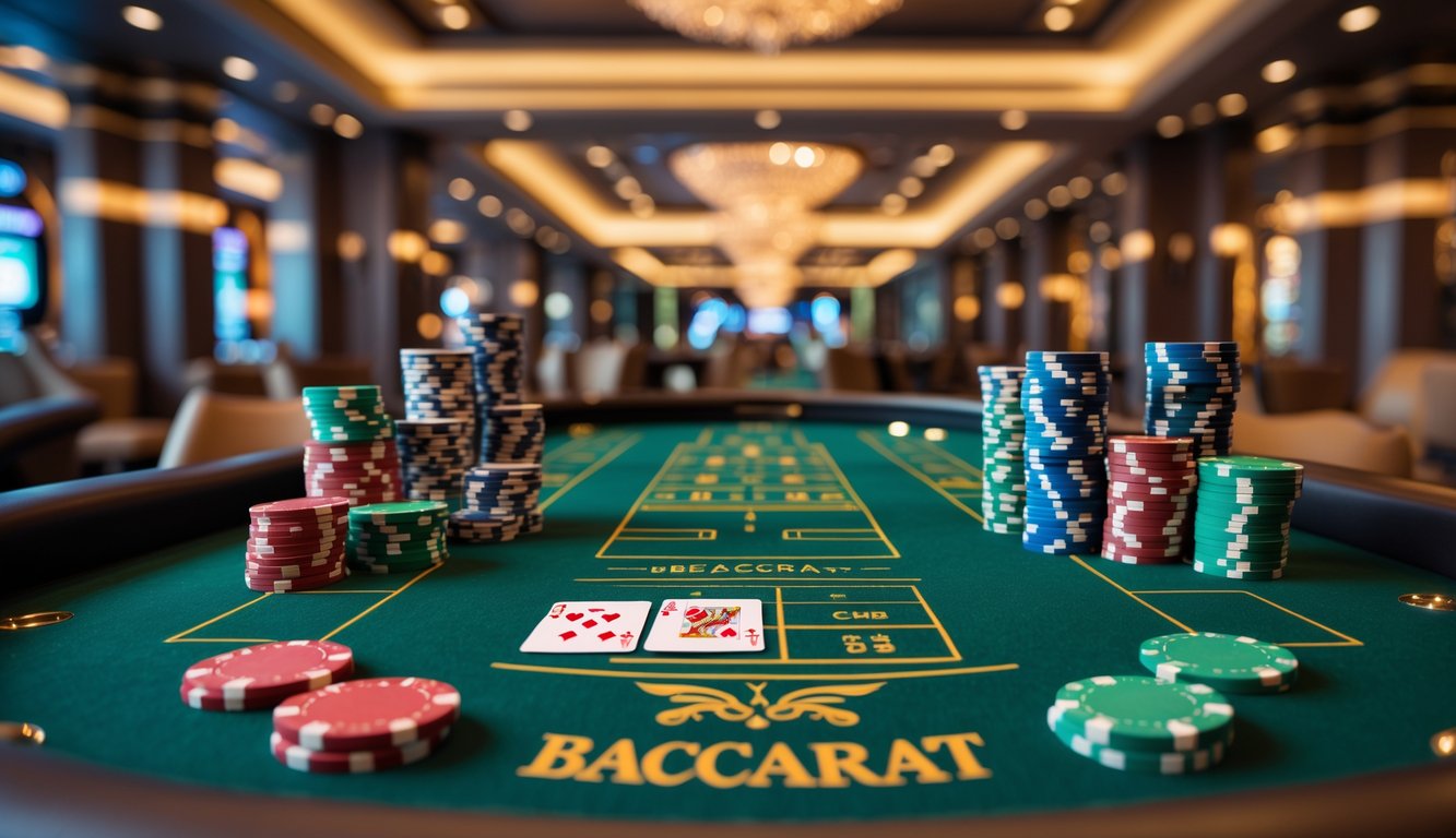 Meja baccarat dengan kartu dan tumpukan chip di kasino mewah.