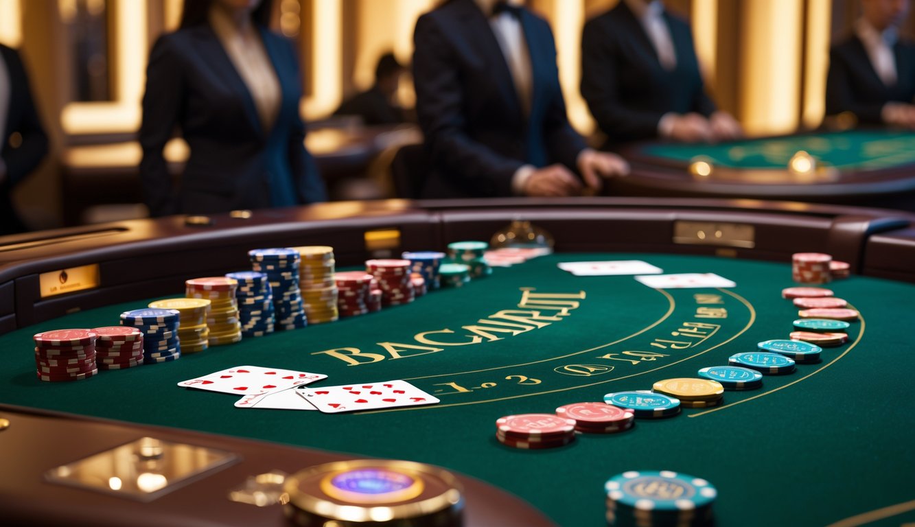 Meja permainan baccarat mewah dengan kartu dan chip di kasino yang elegan.