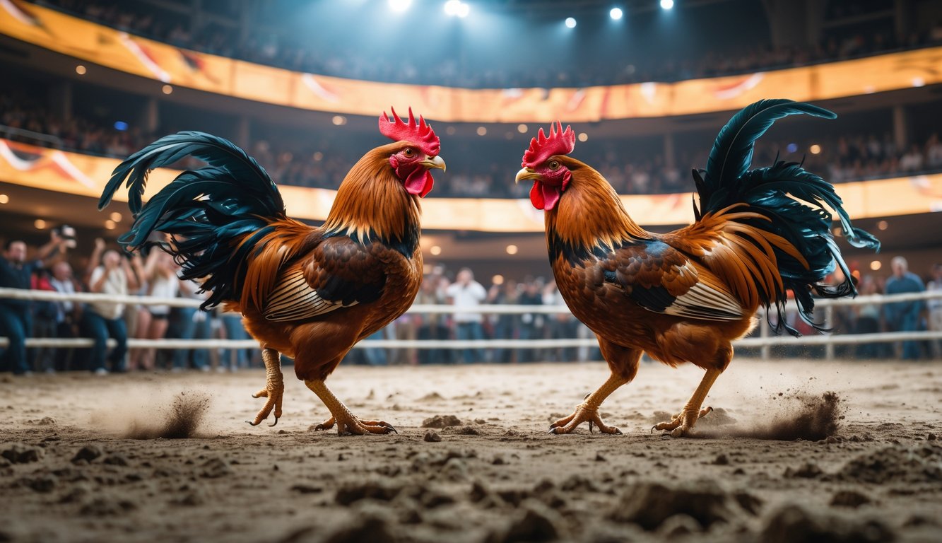 Pertarungan dua ayam jago di arena dengan penonton yang antusias di latar belakang.