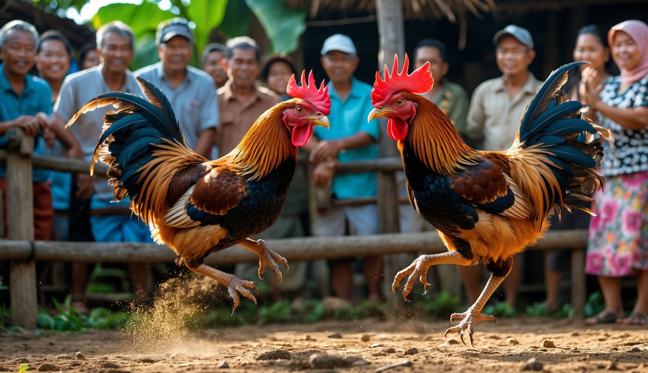 Dua ayam jago sedang bertarung di depan kerumunan orang yang menyaksikan dengan antusias di lingkungan pedesaan.