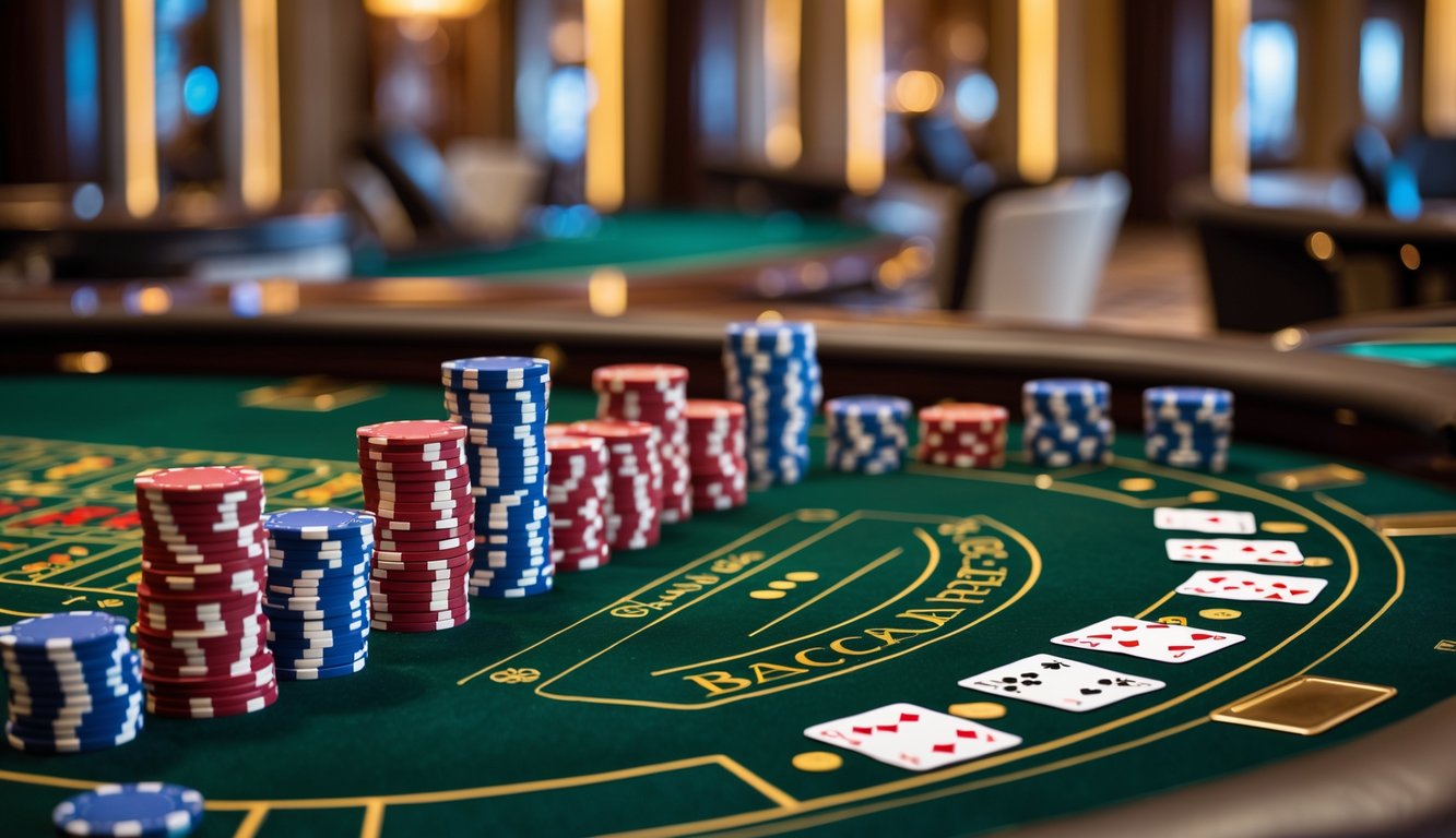 Meja baccarat mewah dengan kartu dan tumpukan chip poker di kasino yang elegan.