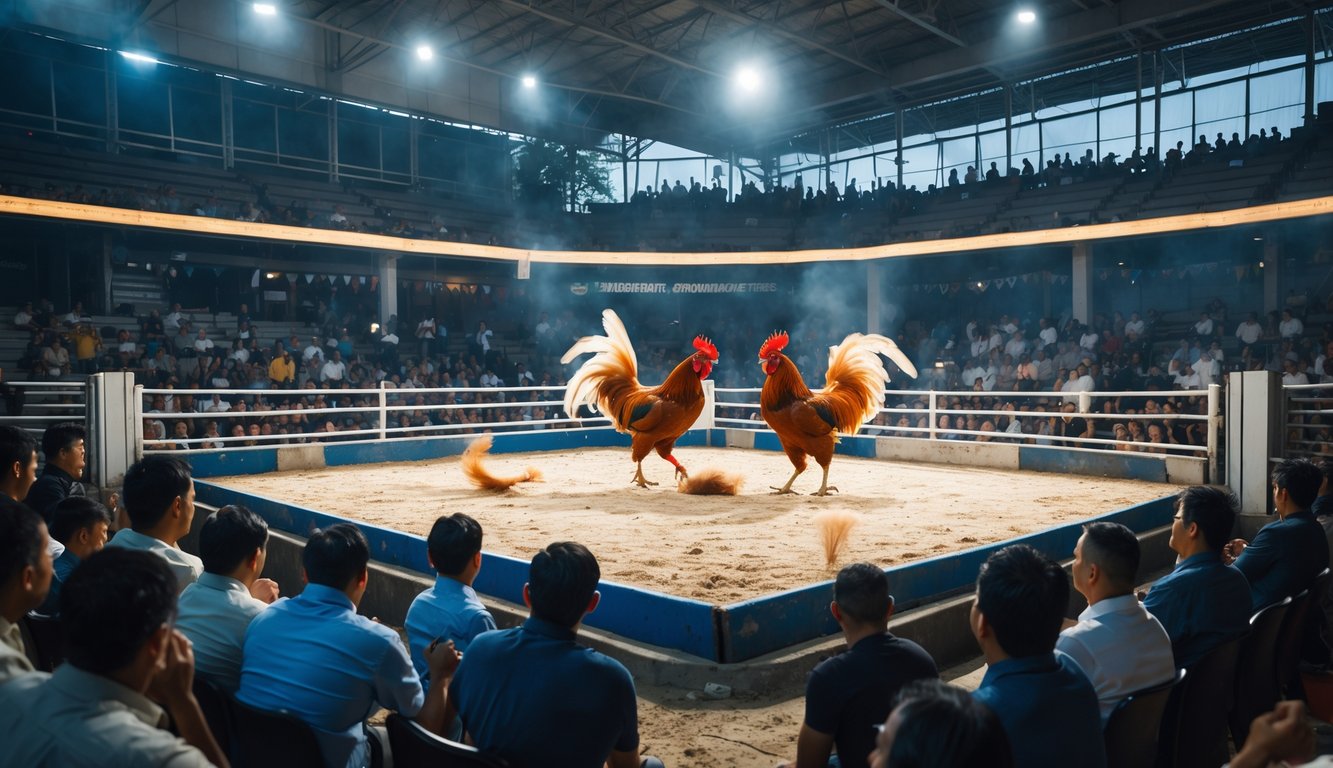 Pertarungan ayam jago dua ekor di arena profesional dengan penonton yang menyaksikan dari tribun.
