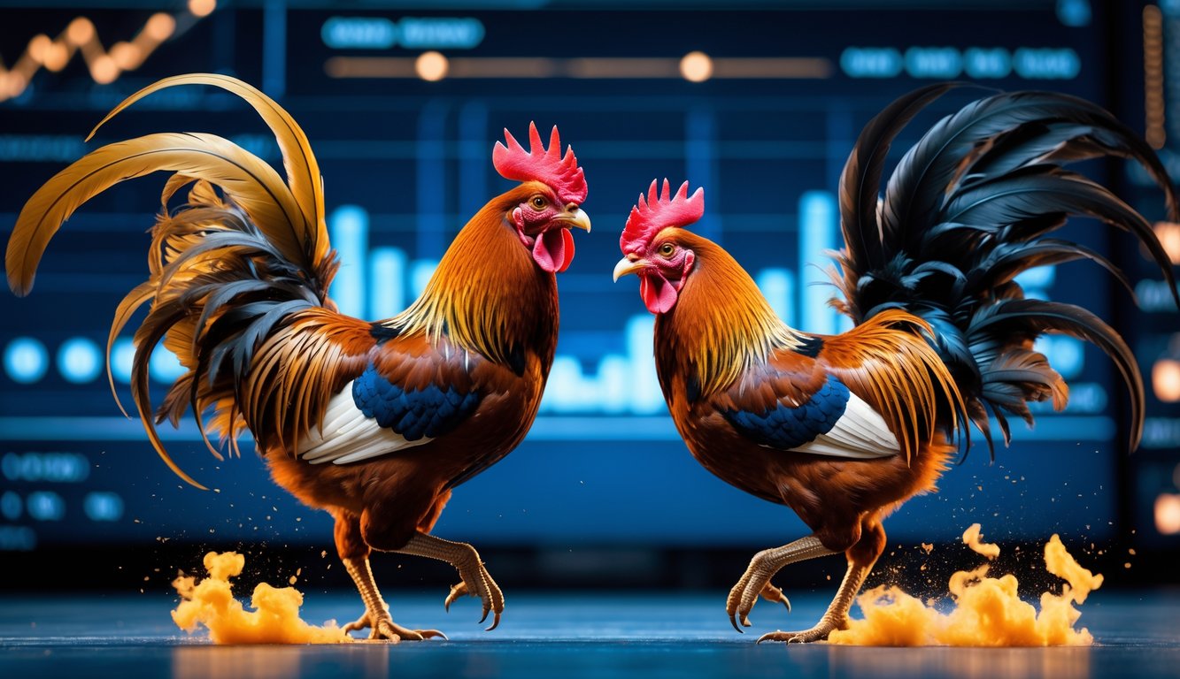 Dua ayam jago sedang bertarung dengan latar belakang layar digital yang menunjukkan platform online.