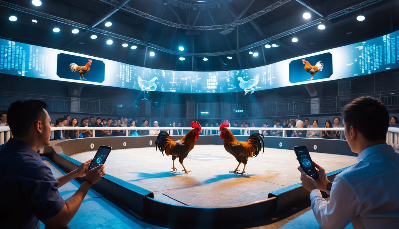 Arena sabung ayam modern dengan dua ayam bertarung di tengah dan penonton yang menggunakan perangkat digital untuk menyaksikan pertandingan.
