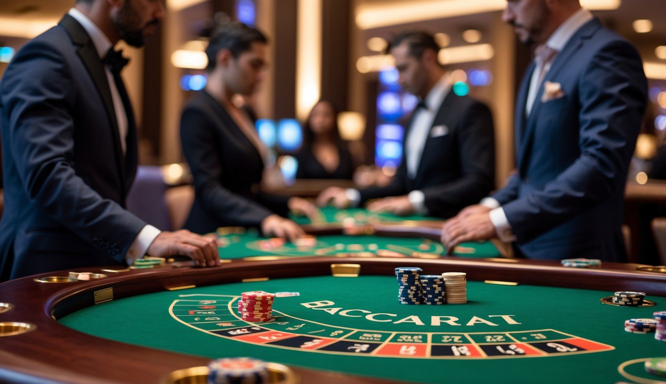 Meja baccarat mewah dengan kartu dan chip dalam suasana kasino yang elegan dan pencahayaan lembut.